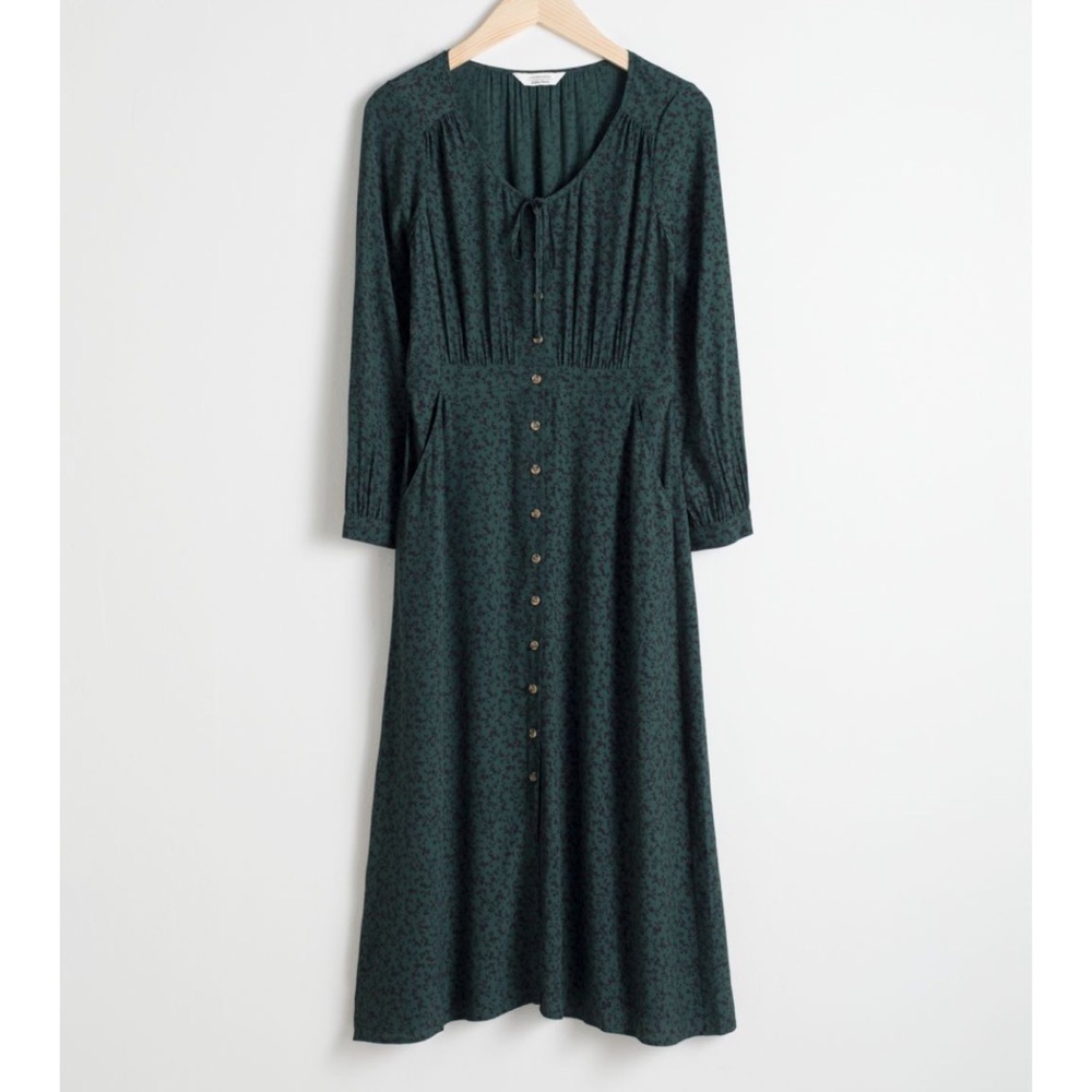 & Other Stories Printed Button Midi Green Dress